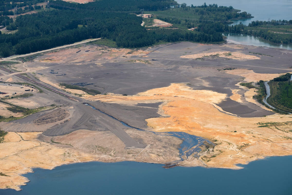 A part of the coal ash pond adjacent to Georgia Power’s Plant Scherer, seen from the air in August of 2019.
