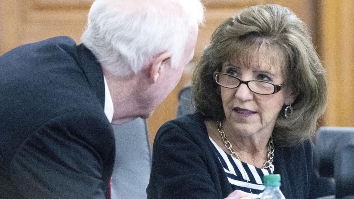 
Macon-Bibb County Commissioner Valerie Wynn speaks with fellow commissioner Mallory Jones prior to a meeting Tuesday night to vote on restoring funding for public transit, libraries, parks and recreation and outside agencies.
