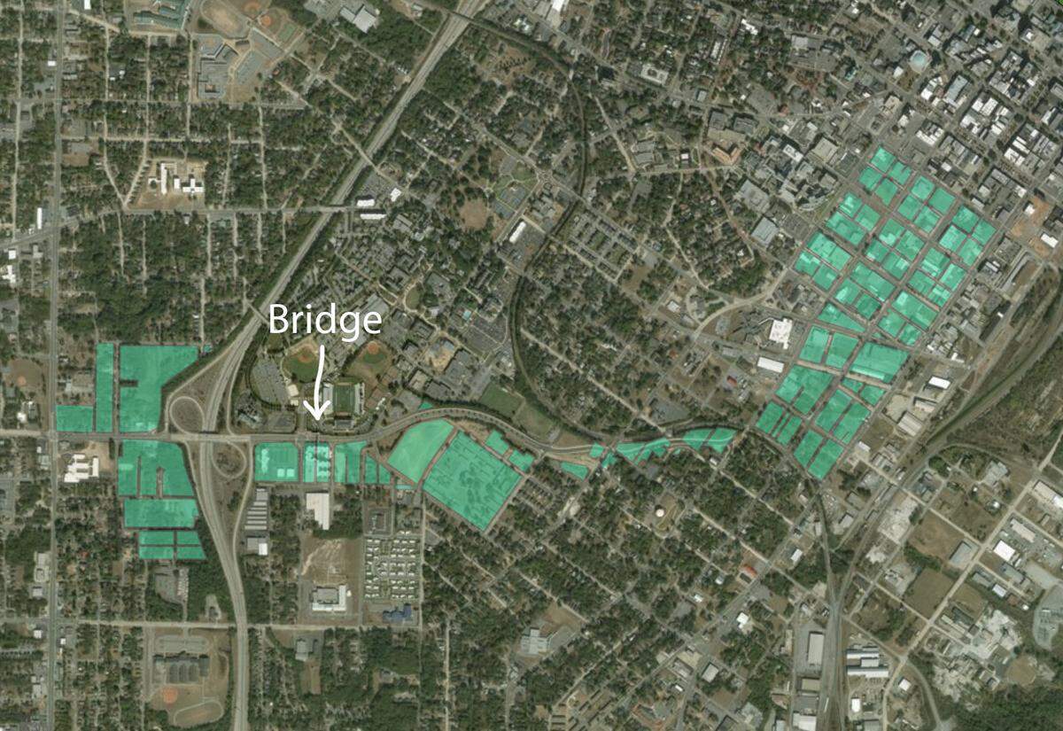A Macon-Bibb County government map shows the parcels that comprise the Second Street Corridor tax-allocation district, which contributed the public’s majority share of the costs for building the Mercer Landing pedestrian bridge. The 2-mile-long area extends along Mercer University Drive from Pio Nono Avenue to Little Richard Penniman Boulevard, and then along Second Street, around which it encompasses a dozen downtown blocks between Oglethorpe and Plum streets.