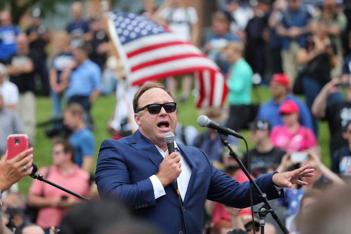 Alex Jones appears at Settlers Landing during the 2016 Republican National Convention in Cleveland.