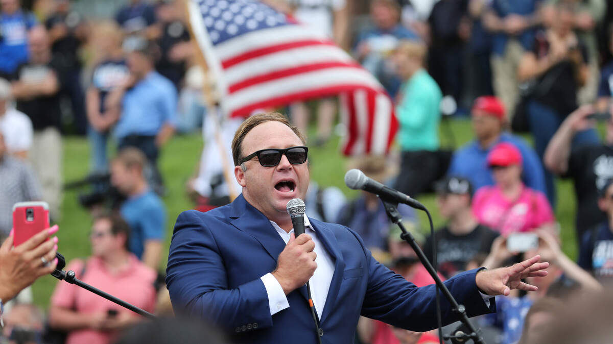 Alex Jones appears at Settlers Landing during the 2016 Republican National Convention in Cleveland.
