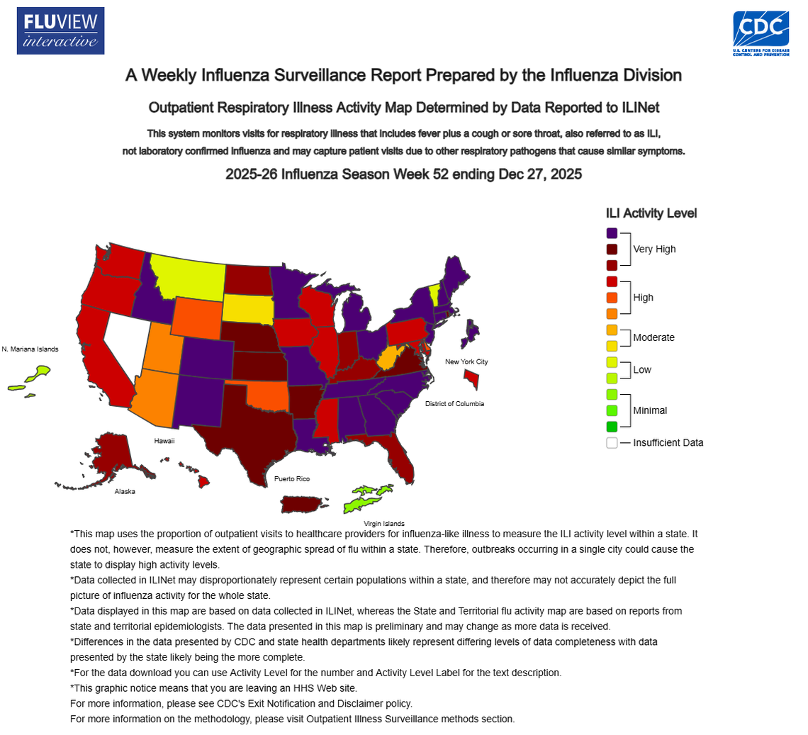 CDC weekly map of flu cases in the U.S.