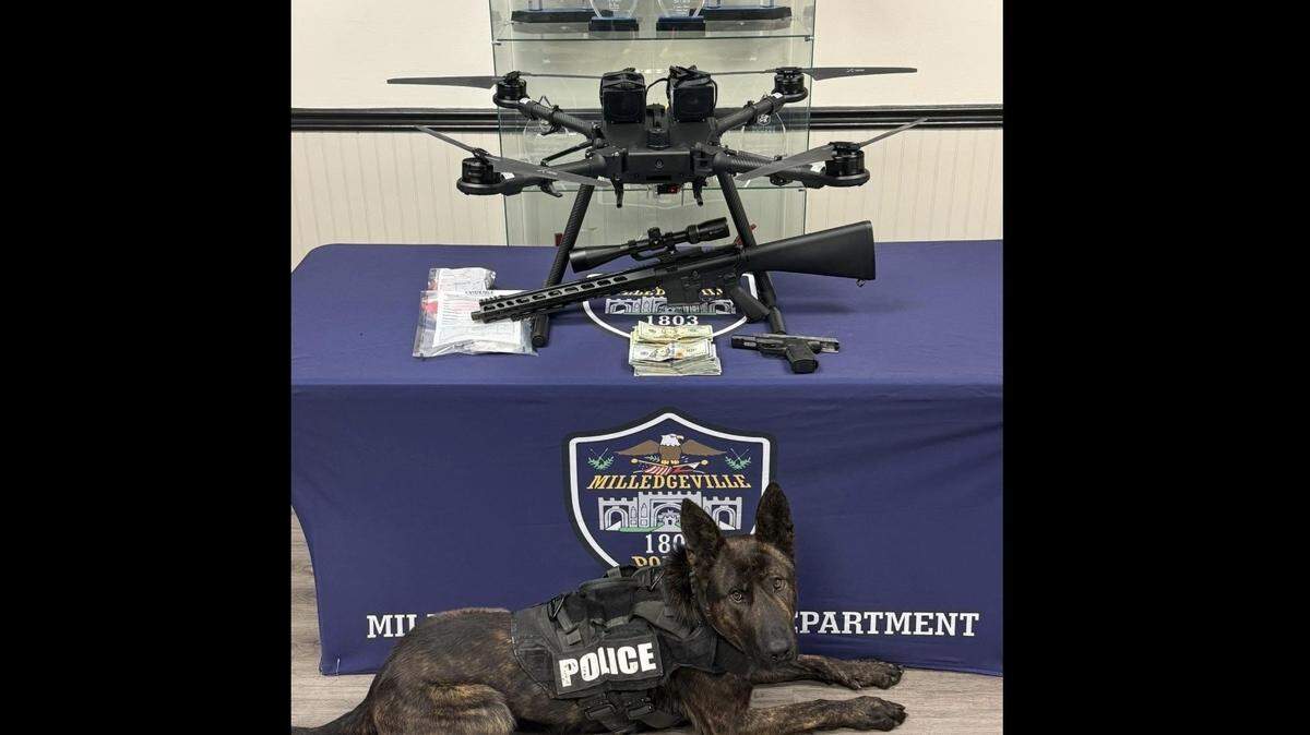 A K9 helped sniff out suspects connected to a 30-pound drone with contraband intended to be dropped off at the Baldwin State Prison on Thursday, Jan. 1, 2025, according to the Milledgeville Police Department.