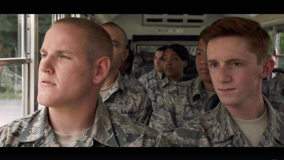 A screen grab from the trailer for the movie "The 15:17 to Paris," shows Airman First Class Spencer Stone riding on a bus at Robins Air Force Base in Warner Robins, GA. The filming took place in August 2017.