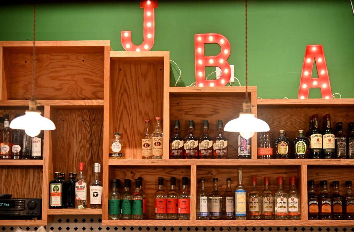 Liquor selection available at the back bar at JBA’s new location at 425 Cherry Street in downtown Macon.
