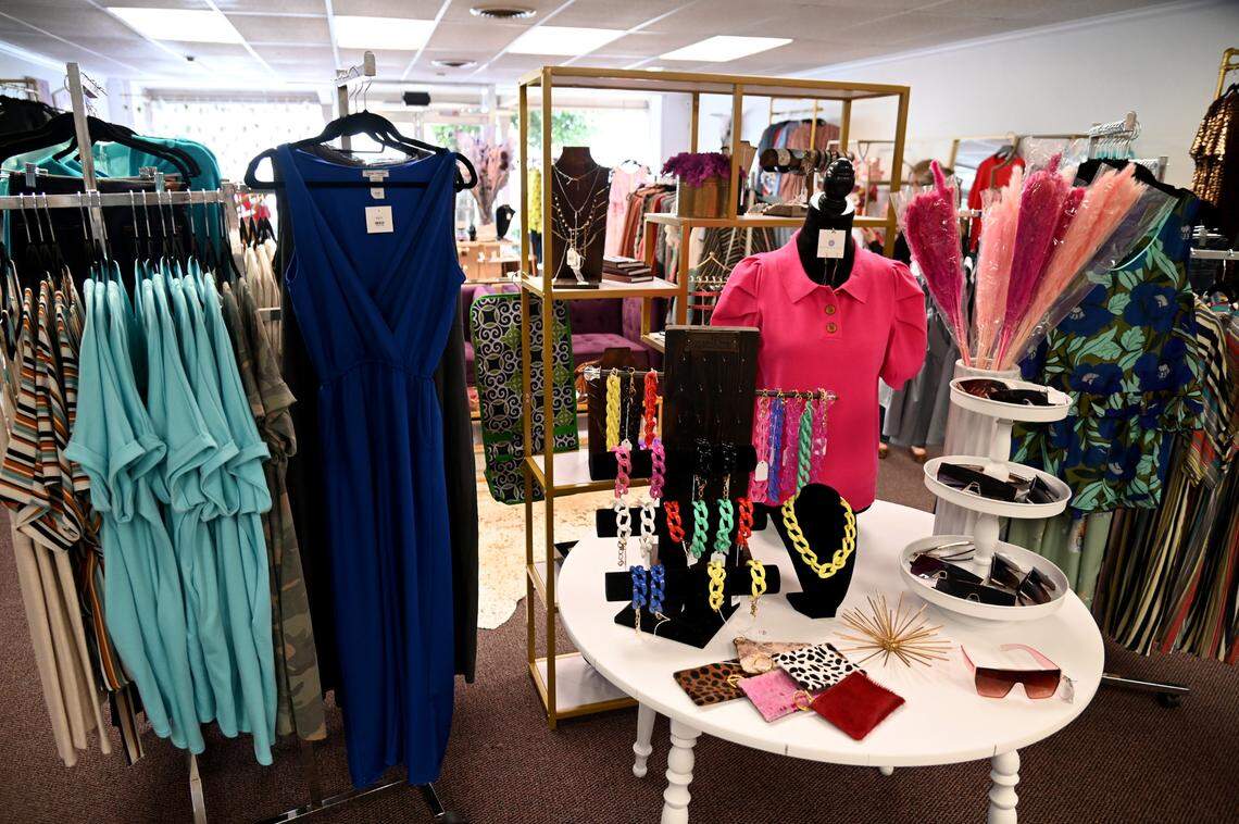 Items for sale at Weatherly Grey Boutique, a new women’s clothing store in downtown Perry.