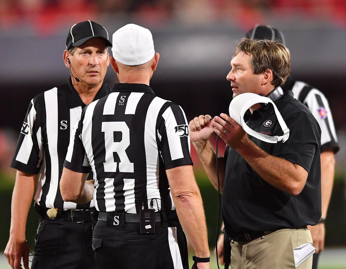 Georgia Head Coach Kirby Smart has a discussion with the Officials during the second half. Georgia defeated Notre Dame 23-17.