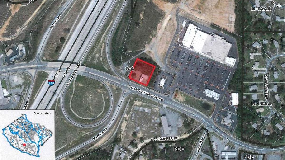 An Auto Zone retail store is planned at 4401 Hartley Bridge Road, shown in red on this map. The company has filed a conditional-use permit with the Macon-Bibb County Planning & Zoning Commission to allow the store.