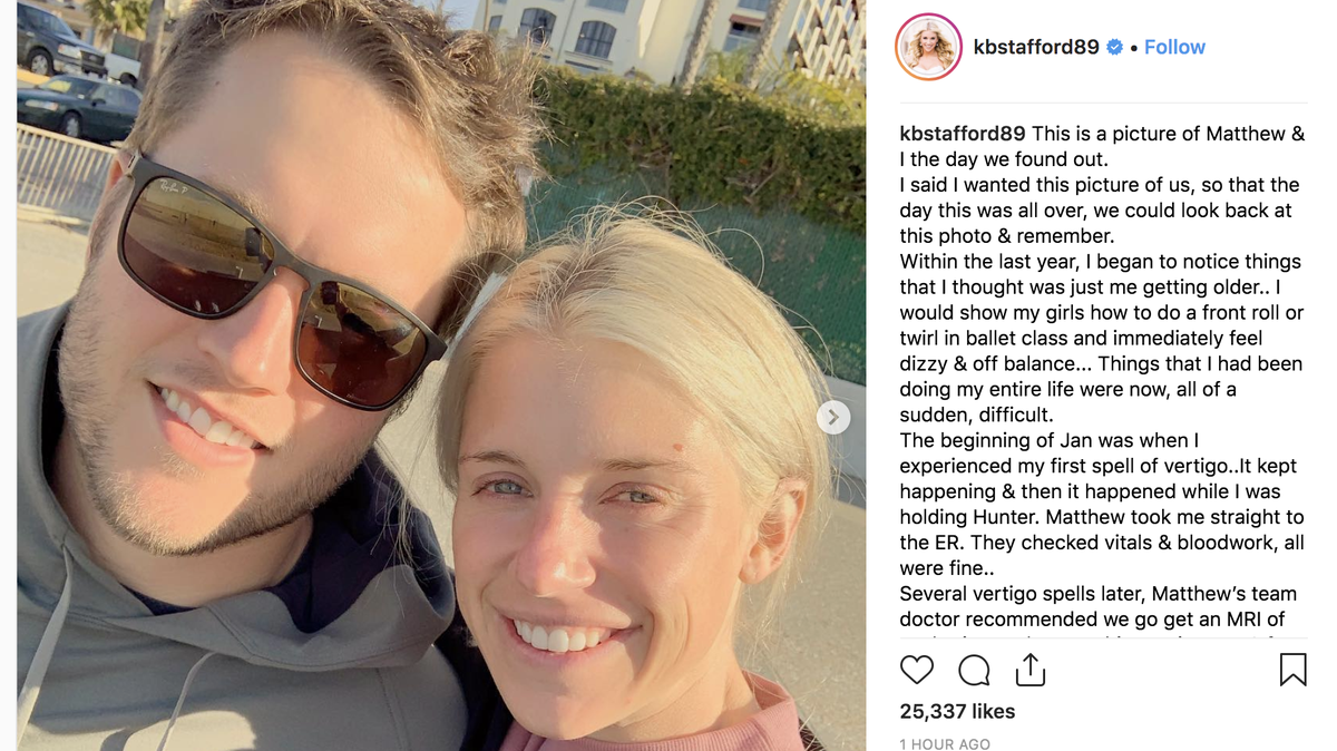 Kelly Stafford, wife of former UGA standout Matt Stafford, announced on Instagram she’s battling a brain tumor.