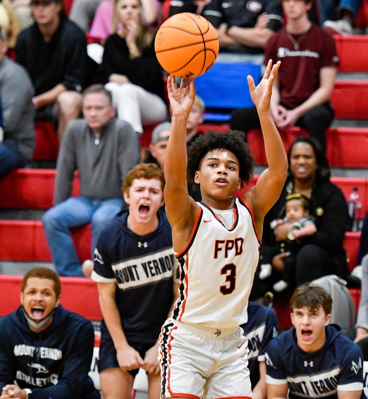 FPD guard Darius Patterson (3) puts up a three point shot during the Vikings’ 58-48 win over Mt. Vernon Presbyterian Saturday night in their second round state playoff game.