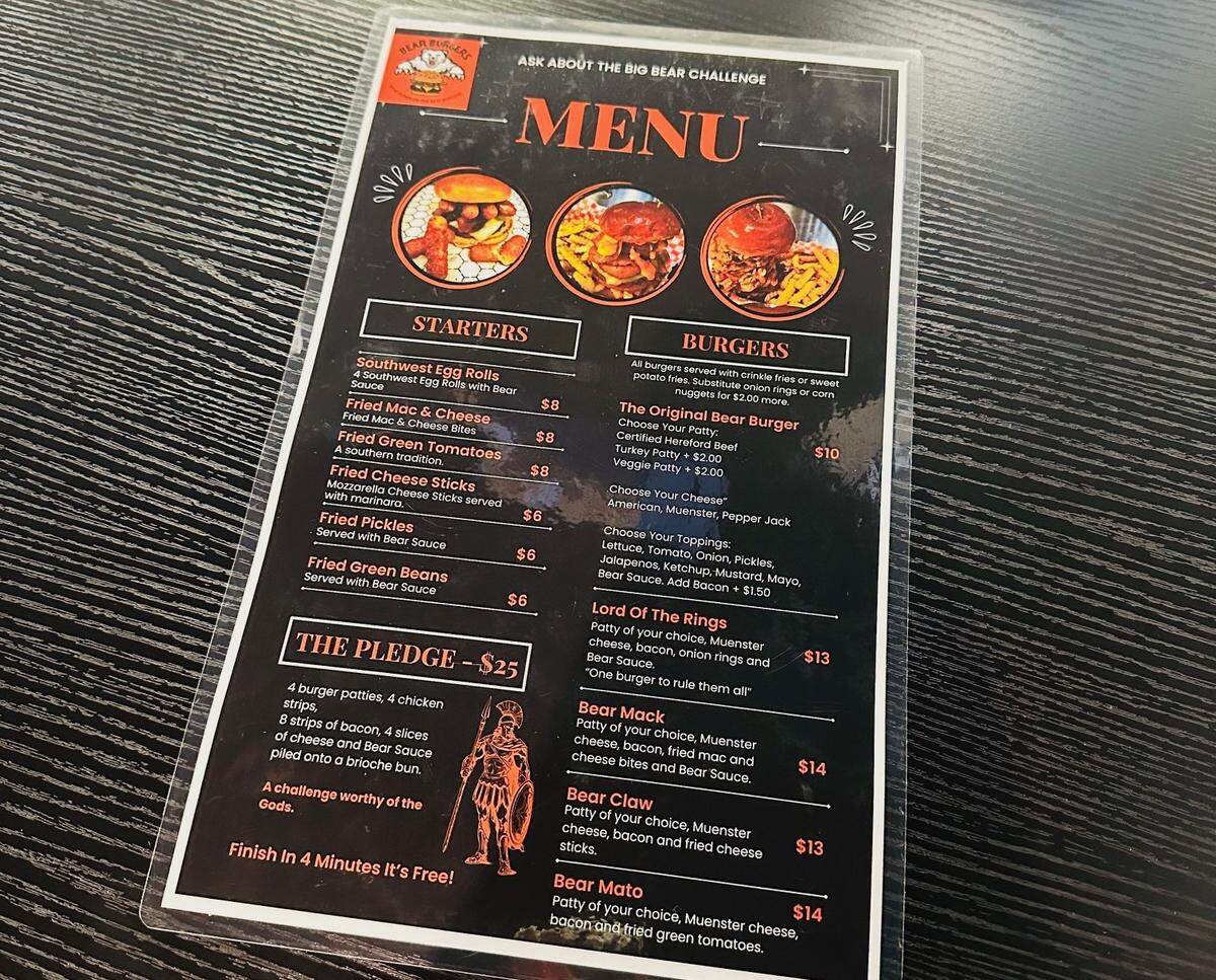 Front side of Bear Burgers menu