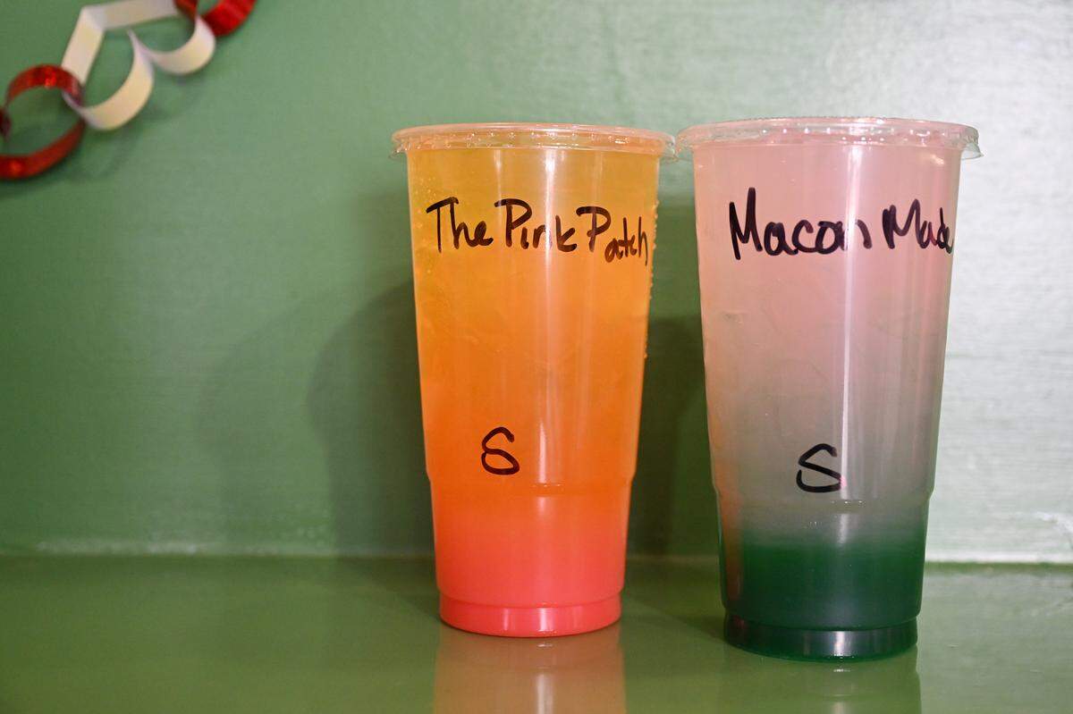 Two popular menu items “The Pink Patch” and “Macon Made” sit on the counter at Macon Made Nutrition in downtown Macon. The loaded teas come in three sizes with varying amount of caffeine in each, from 75 mg all the way to 250 mg.
