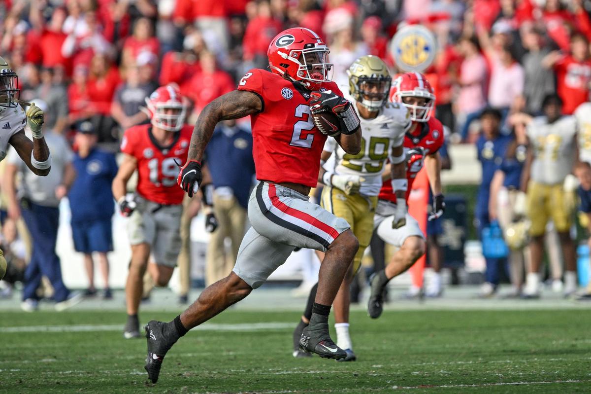 Georgia running back Kendall Milton heads for the endzone against Georgia Tech. Georgia beat Georgia Tech 37-14 Saturday in Athens.