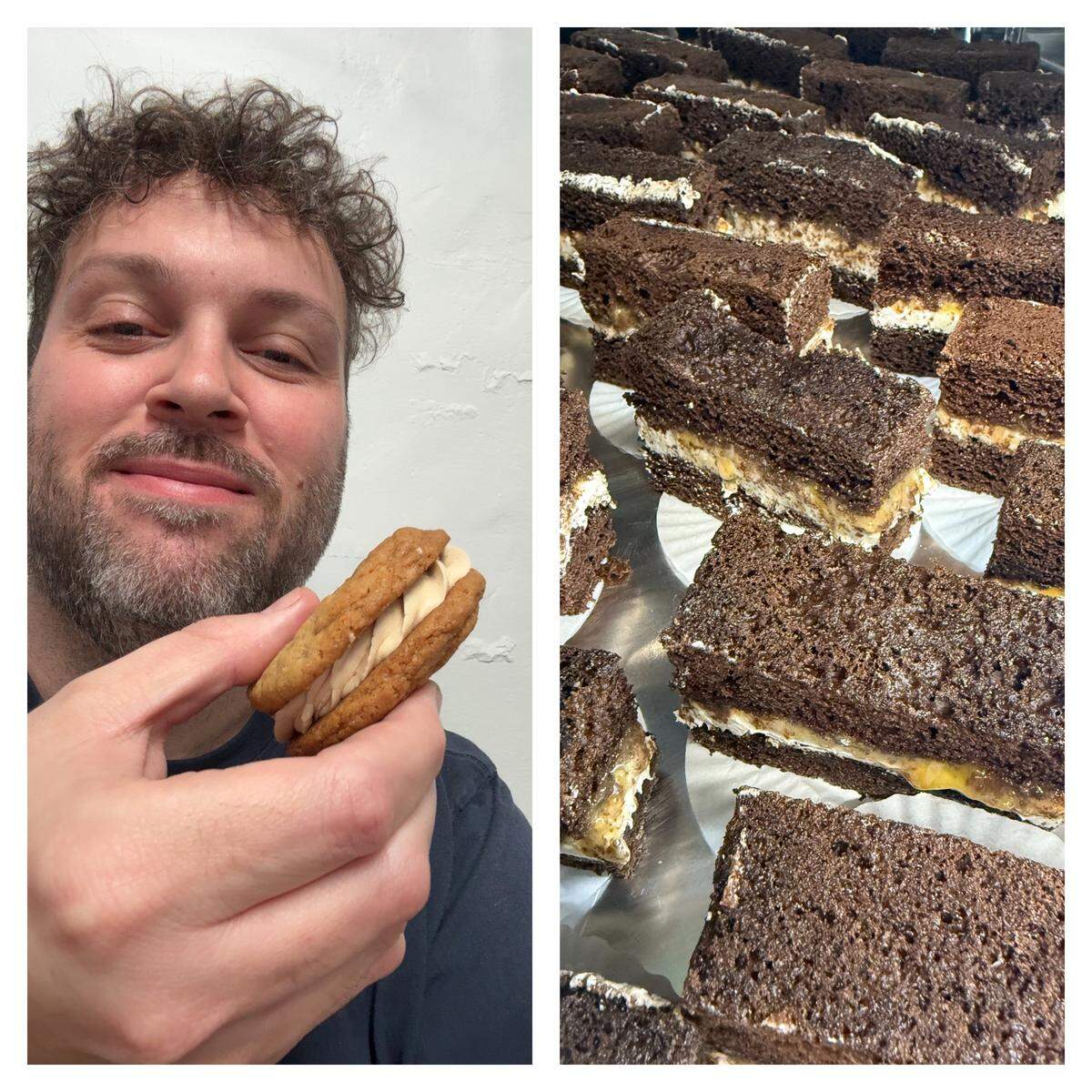 Cory Jones, owner of Sweet Evelyn’s in downtown Perry, with two of his creations from the season finale of the “Halloween Baking Championship” on the Food Network. Tailored for his storefront: pumpkin spice latte cookie with cookie butter cream in his hand and slices of chocolate fudge cake soaked in coffee liqueur with orange curd and coffee. Two courtesy photos were combined to create this collage.