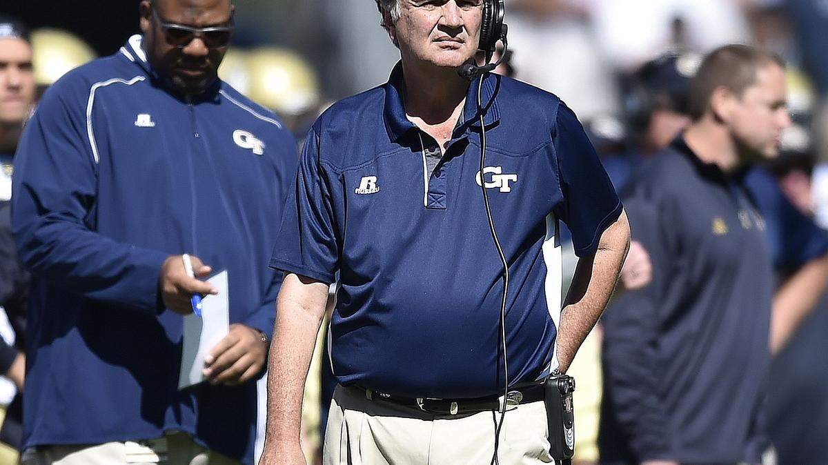 Georgia Tech head coach Paul Johnson walks the sidelines during the first half of an NCAA college football game against Pittsburgh, Saturday, Oct. 17, 2015, in Atlanta. (AP Photo/Mike Stewart)