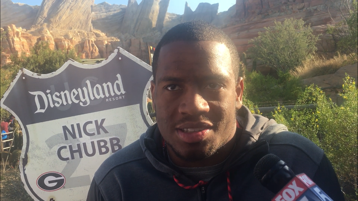 Georgia running back Nick Chubb speaks to reporters at Disneyland.