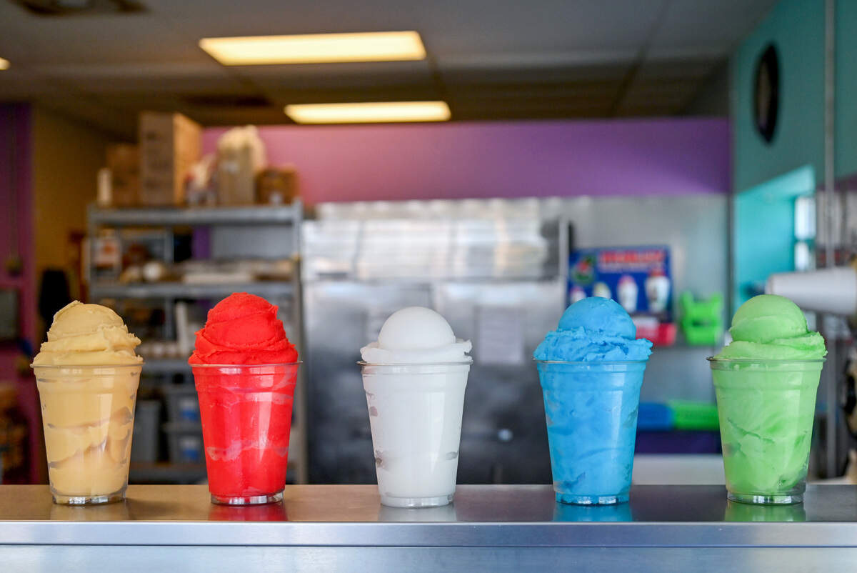 Water Ice flavors from left to right, peach, cherry, coconut, blueberry and green apple are just a few of the floavors available at Philly Italian Water Ice in Byron.