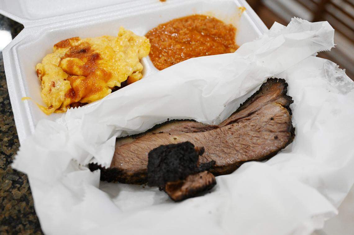 The Smoked Brisket Plate from J Walker Brisket Company features brisket, bread and two sides. The restaurant offers all homemade sides, including macaroni and cheese, Brunswick stew (both pictured), green beans and coleslaw. 