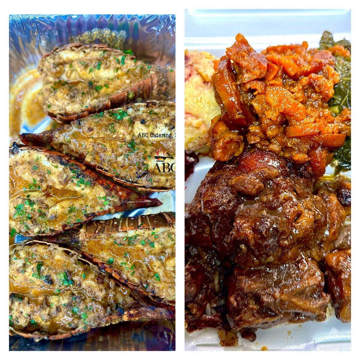 Garlic lobster tails and oxtails over rice with collard greens, yams and dressing from ABC Catering LLC in this collage created by The Telegraph from two courtesy photos.