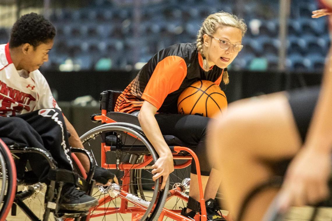 Houston County’s Langley Yoh (8) drives down the lane against the Gwinnett Heat in the GHSA Championship March 13.