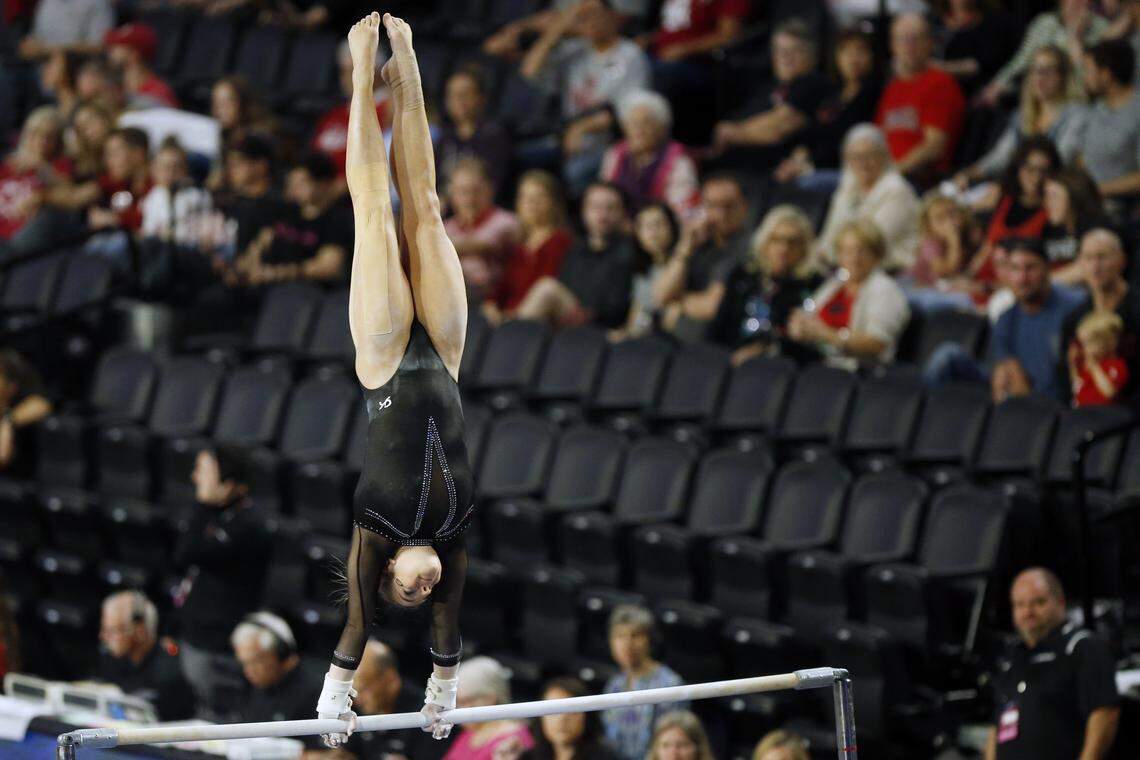 Georgia’s Marissa Oakley competing on the bars during the NCAA Athens gymnastics championship Regional Finals in Athens, Ga., on Saturday, April 6, 2019. Oakley scored a perfect 10.