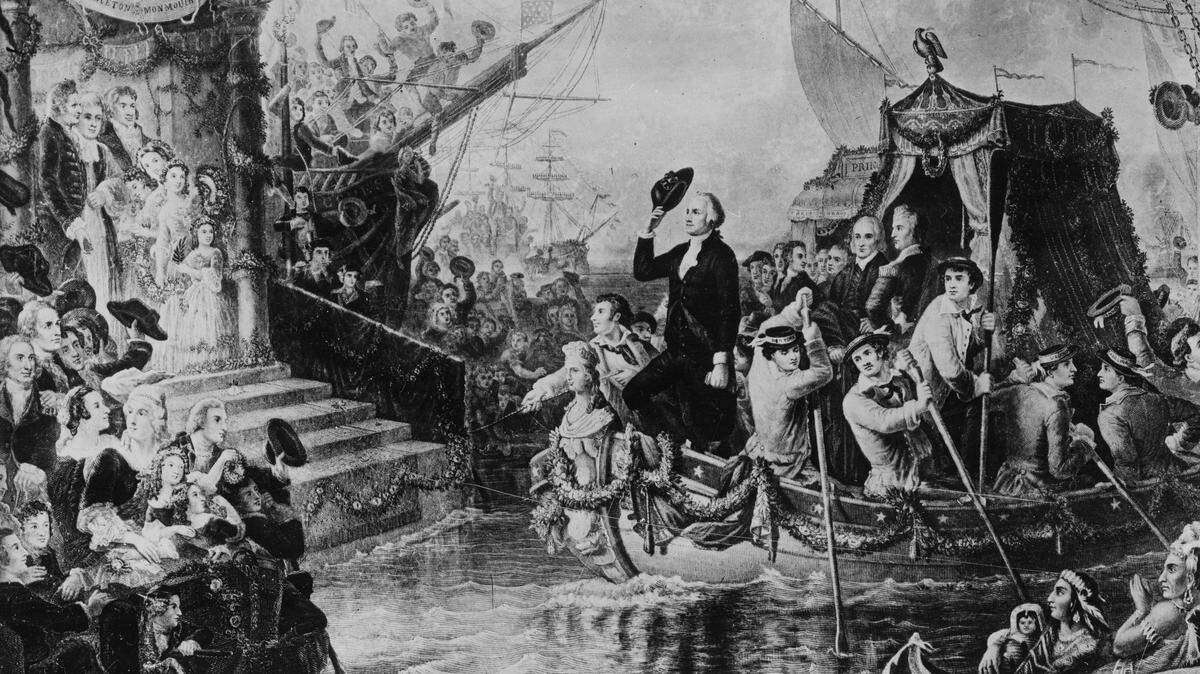 This drawing depicts George Washington arriving in New York by barge on his inauguration day on April 30, 1789.  The nation’s first president took his oath of office on the balcony of Federal Hall on Wall Street.