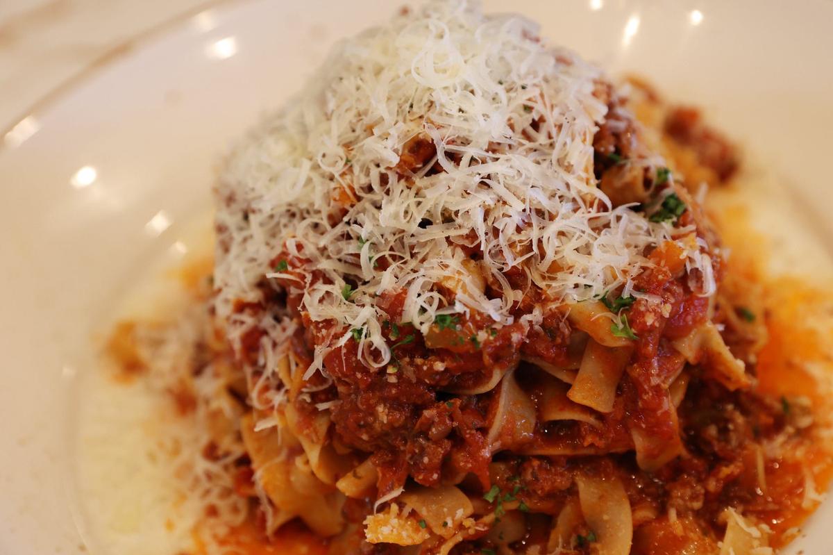 Trattoria di Napoli’s fettuccine bolognese sits on a plate at the restaurant on Wednesday, Aug. 7, 2024, in downtown Perry, Georgia. Owner and operator John Staurulakis has worked in the restaurant industry for most of his life, but soon will open Trattoria di Napoli as his first restaurant.