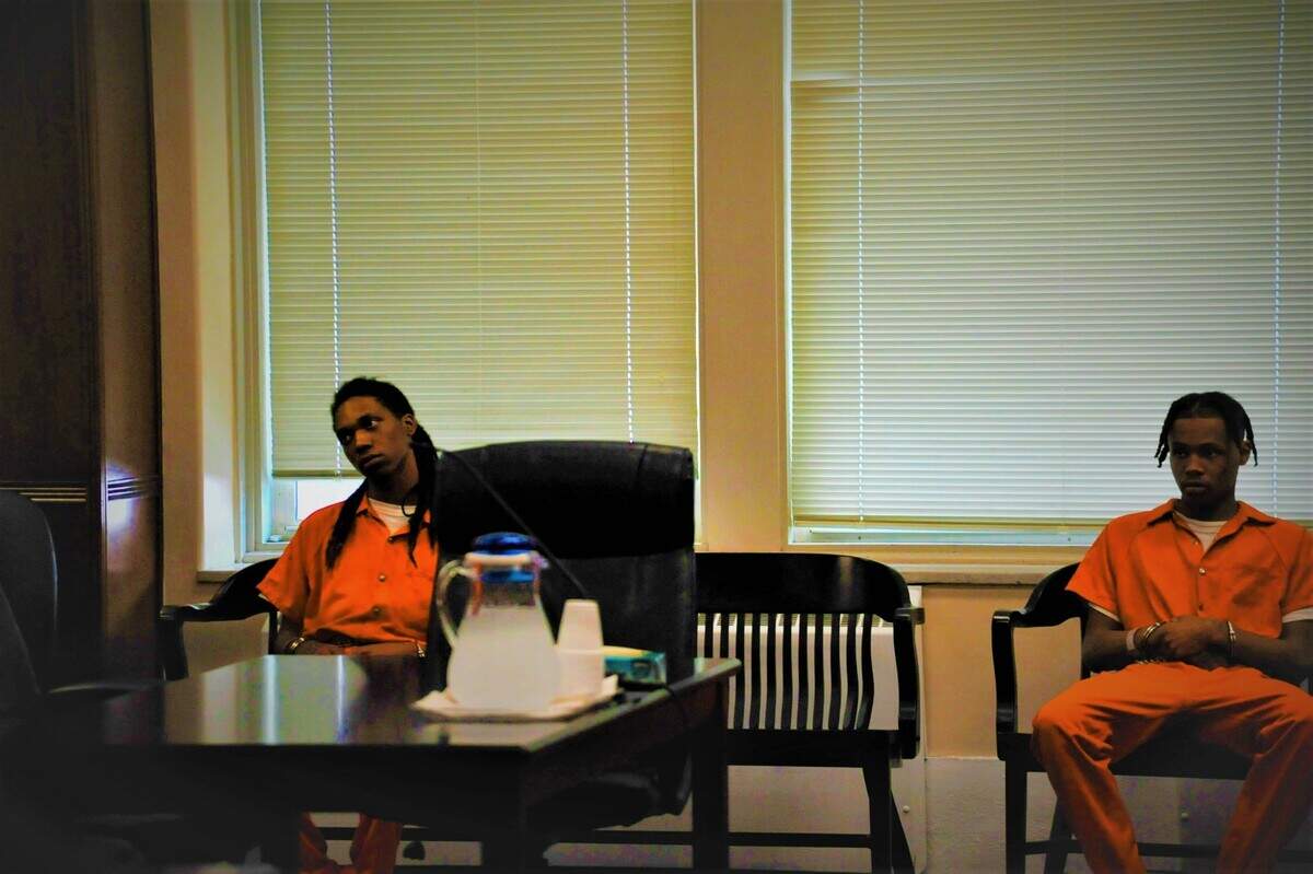Laquerro Harris Jr., left, and Ty’Reek Young at a hearing in Bibb County Superior Court on Monday, May 2, 2022, where they pleaded guilty to separate crimes committed in 2019.