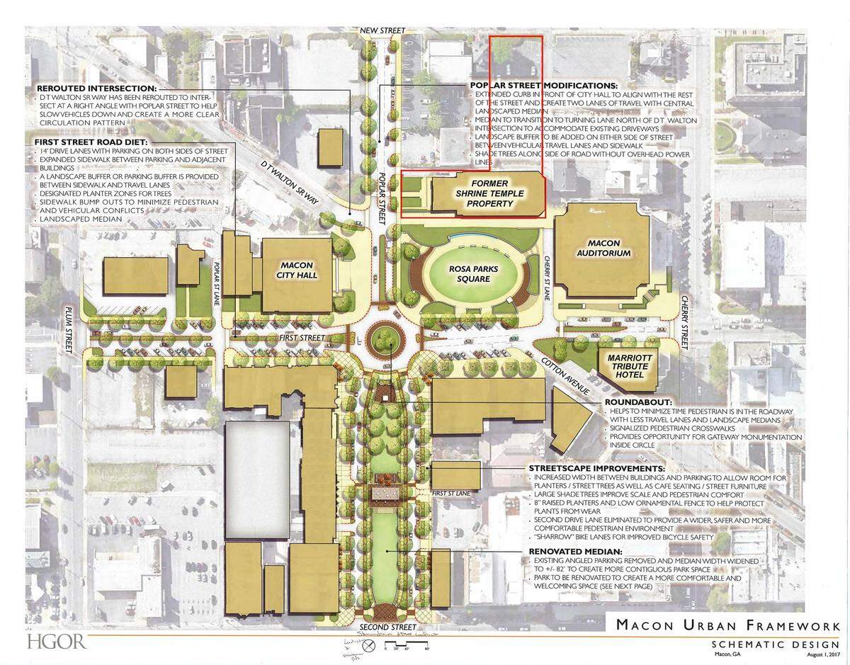 This schematic design shared by Artisan Interests shows the outline of the former Shrine Temple property in downtown Macon. The Atlanta-based firm recently purchased the property to transform it into an esports center with the addition of a hotel and parking deck also planned.