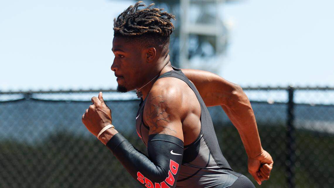 Georgia’s Elija Godwin during the Torrin Lawrence Memorial track meet in Athens, Ga., on Saturday, Apr. 27, 2019. (Photo by Kristin M. Bradshaw)