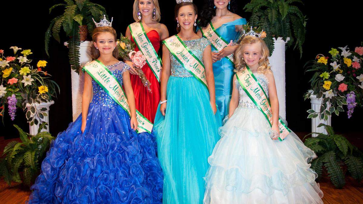The 2016 Miss Georgia Peach court is, from left, Little Miss Georgia Peach India Margaret Cheek of Hawkinsville, Miss Georgia Peach Lizzy Stanford of Cuthbert, Junior Miss Georgia Peach Averi Lauren Smith of Americus, Teen Miss Georgia Peach Ashley Moore of Oglethorpe and Tiny Miss Georgia PeachBella Grace Sanders of Forsyth.