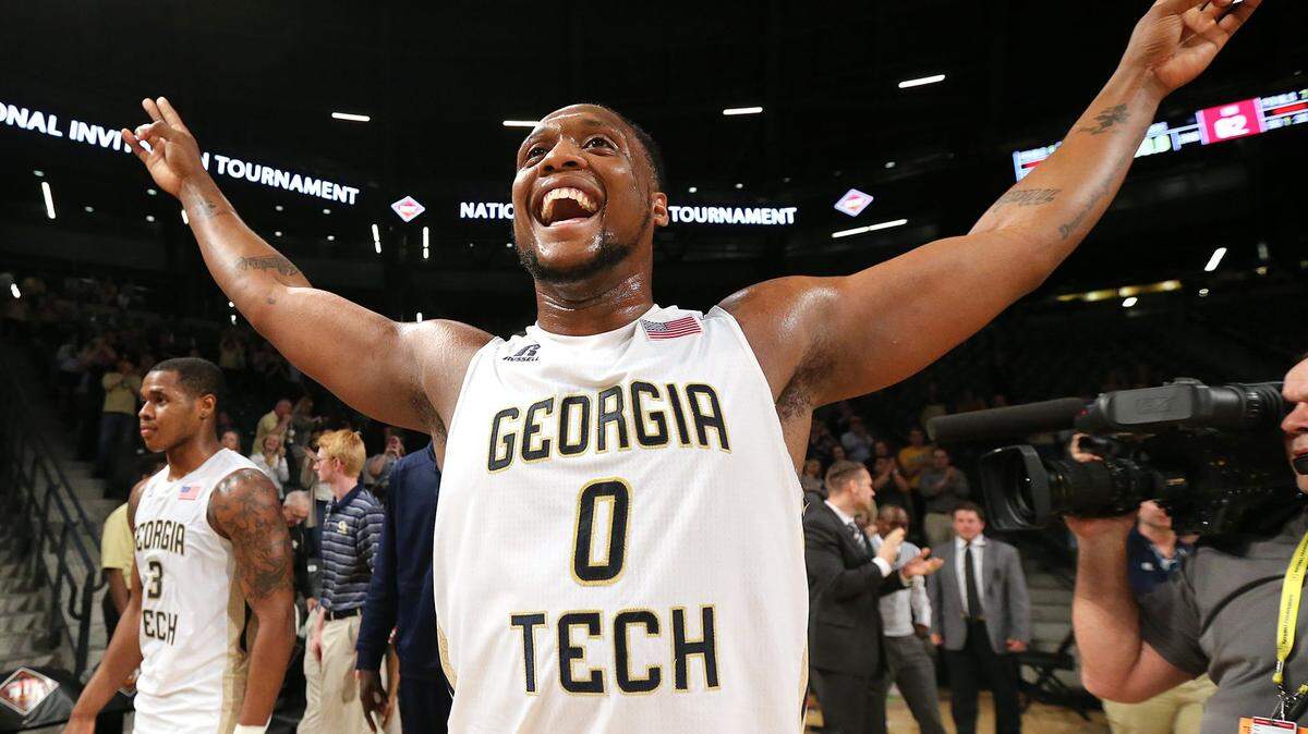Georgia Tech forward Charles Mitchell reacts to defeating Houston 81-62 during their first round NIT NCAA college basketball game, Wednesday, March 16, 2016, in Atlanta. (Curtis Compton/Atlanta Journal Constitution via AP)