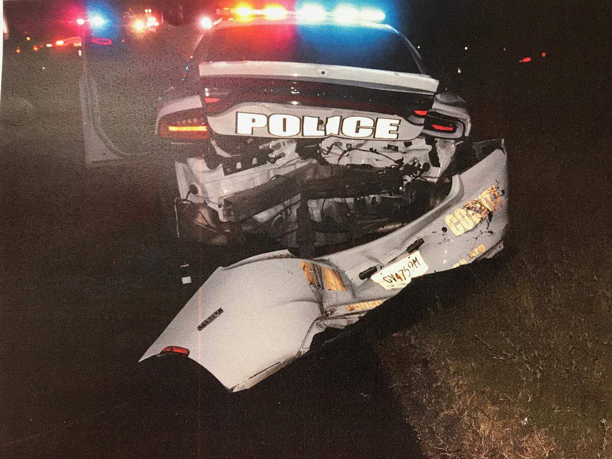A Glynn County police car, which authorities say was rammed by a Forsyth, Georgia, man late Sunday on Interstate 75. The off-duty officer driving the police car was in Middle Georgia for a seminar at the state’s law enforcement-training site.