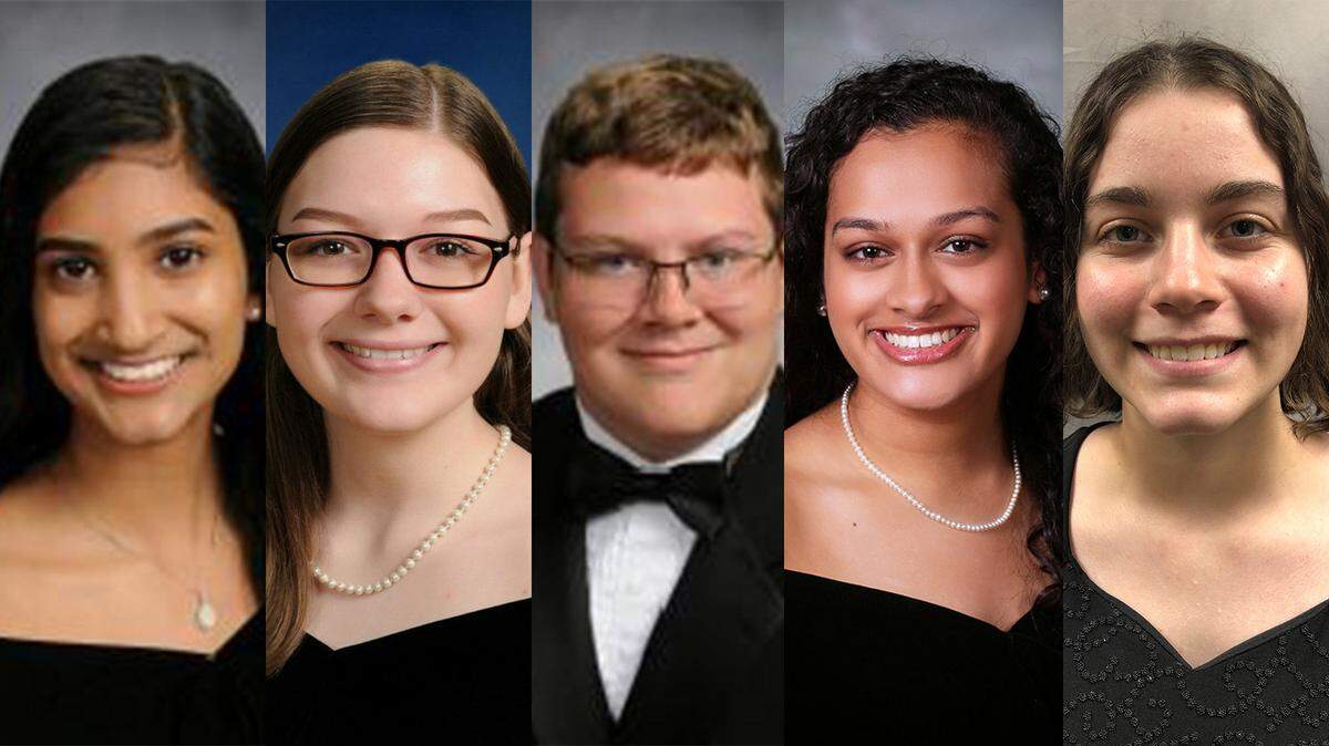 From left, Houston County High Valedictorian, Shivani Narain, Northside High Valedictorian, Willow Truman, Perry High Valedictorian, Trevor Vandersall, Veterans High Valedictorian, Isha Shah and Warner Robins High Valedictorian, Peyton Page.