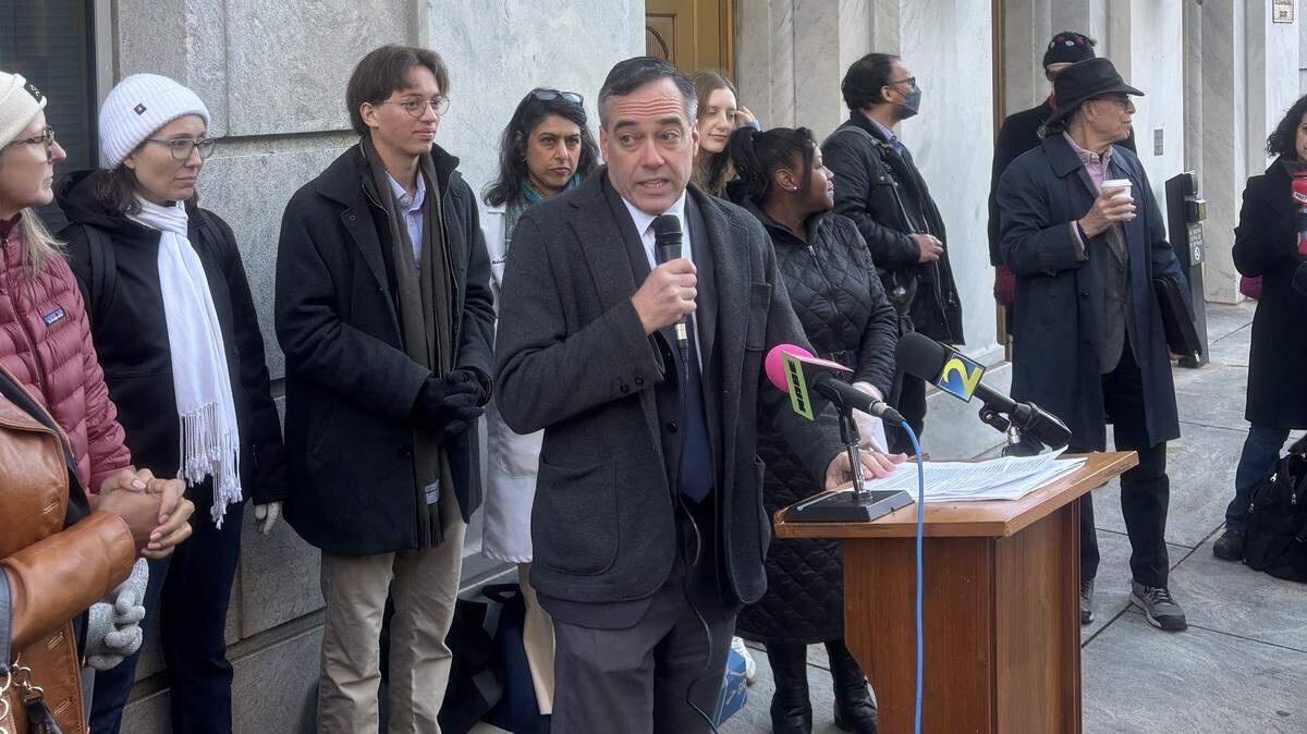 Public Service Commissioner-elect Peter Hubbard speaks to a crowd gathered outside the Public Service Commission on Dec. 10, 2026. He takes his seat on Jan. 1, 2026.
