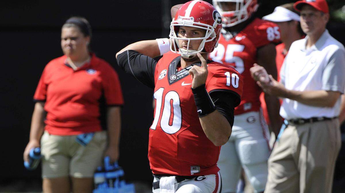 Georgia quarterback/holder Faton Bauta (10) during the Bulldogs´ game with the Vanderbilt Commodores at Vanderbilt Stadium in Nashville, Tenn., on Saturday, Sept. 12, 2015. (Photo by John Kelley)