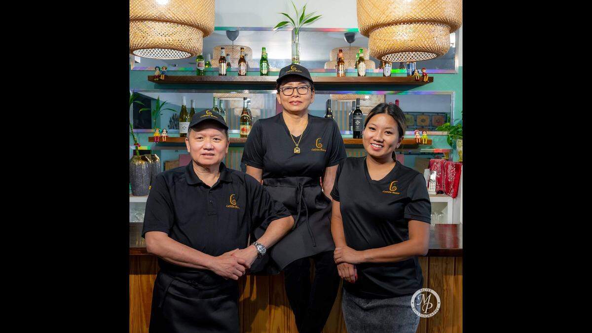 From left to right, Chef Tom Sarrtsud, Chef Laddavan Sarrtsud, and their daughter, Jiin Sarrtsud, at their popular Thai restaurant, Ladda Bistro, on Cherry Street in downtown Macon. With Chef Tom battling cancer, they have closed the restaurant and are liquidating its assets.