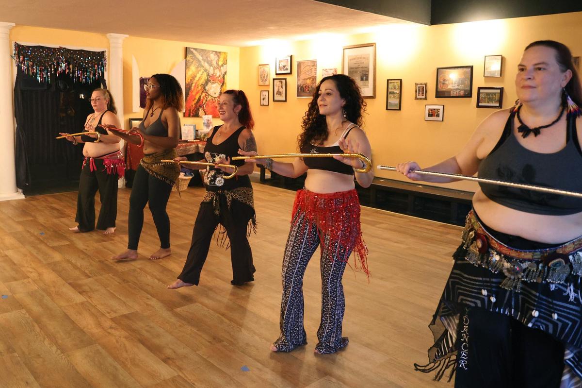 From left to right: Shelli Westbrook, Nayahna Gordon, Trichelle Hutten, Gabriela Machain-Gilner and Marie Keith-Winters rehearse a routine for the upcoming Perry International Festival at Perry Belly Dance Studio on Thursday, Aug. 29, 2024, in Perry, Georgia. Perry Belly Dance Studio opened in 2010 and offers classes for all ages and skill levels.