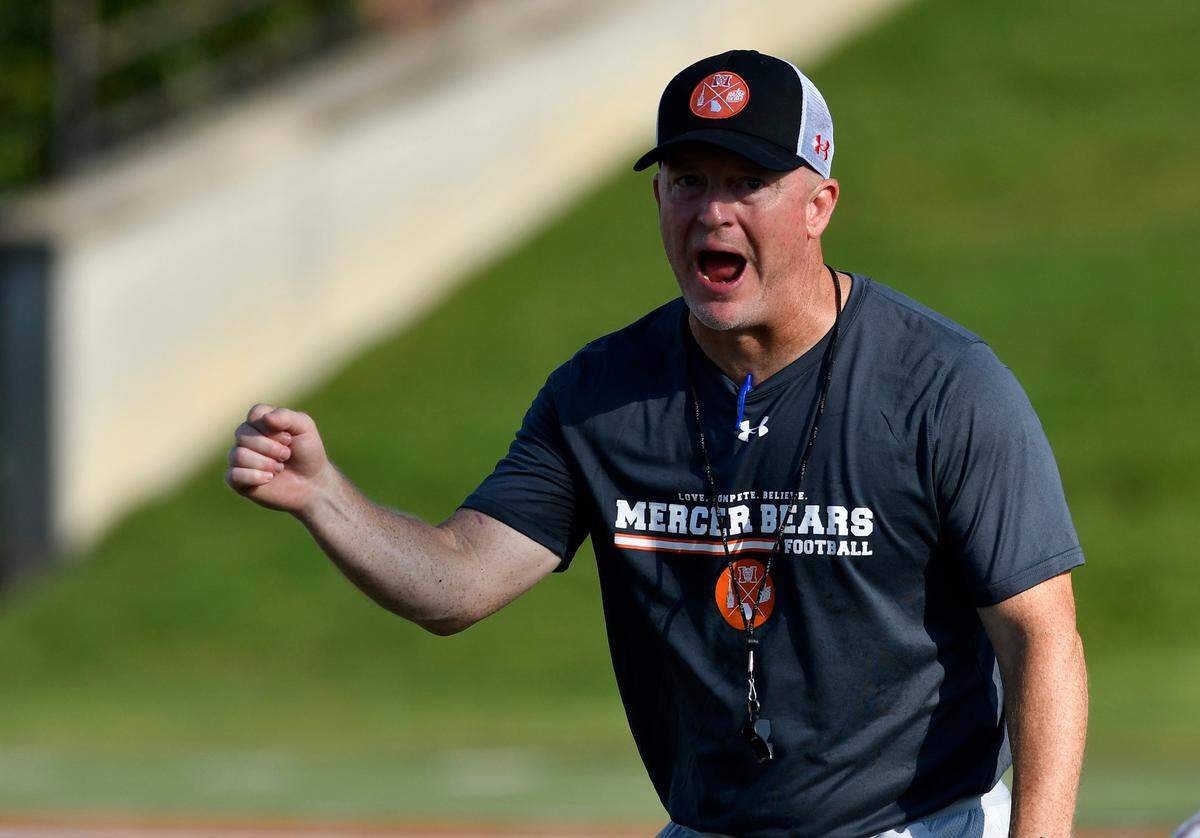 Mercer head coach Drew Cronic oversees a team practice Aug. 15. The Bears open the season against North Alabama in Montgomery Aug. 26.