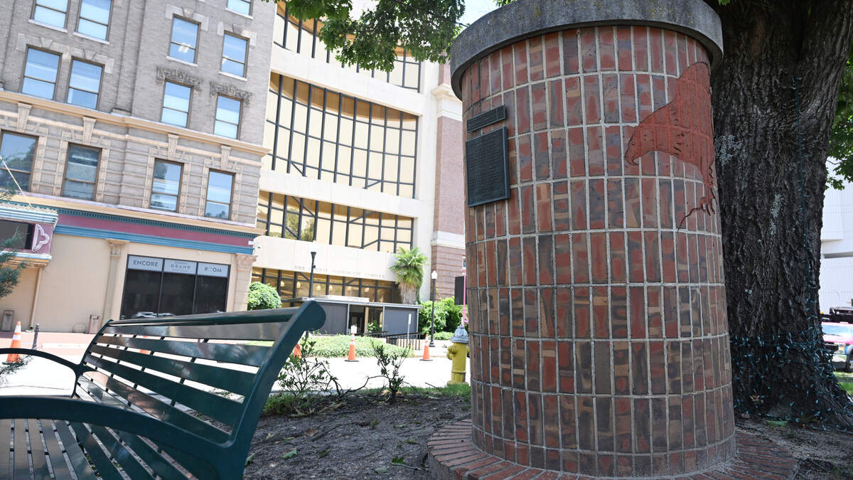 The Macon bicentennial time capsule sits on the median outside the Piedmont Grand Opera House in downtown Macon, Georgia. The capsule will remain closed until 2076.