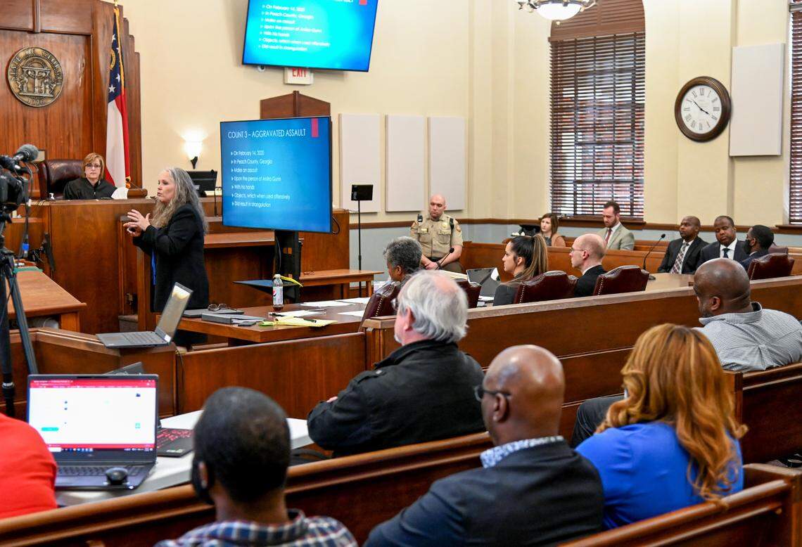 Assistant district attorney Dawn Baskin delivering her closing argument Tuesday in Peach County Superior Court at the murder trial of Demarcus Little, accused in the February 2020 murder of Fort Valley State University student Anitra Gunn.