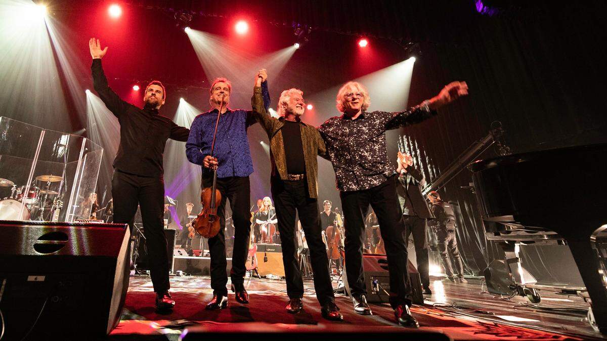 Ward Stare, Robert McDuffie, Chuck Leavell and Mike Mills during Monday’s GPB broadcast of “A Night of Georgia Music” shot in Macon at The Grand Opera House in March. The program begins at 7 p.m. just prior to PBS’ “A Capitol Fourth” celebration at 8 p.m.
