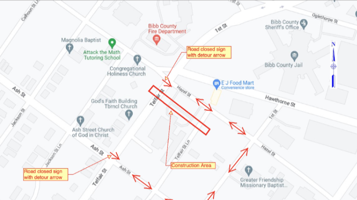 This map shows the construction area for Macon Water Authority’s stormwater system repair project at Telfair Street and the detour route in place while Telfair Street is closed.