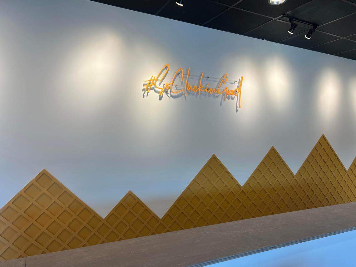 Chick’nCone, a new restaurant at 860 Forsyth St., Suite 102, in Macon, bills its crispy chicken bites stuffed inside a hand-rolled waffle cone to be “#SoCluckinGood” as the sign (above) in the restaurant proclaims.