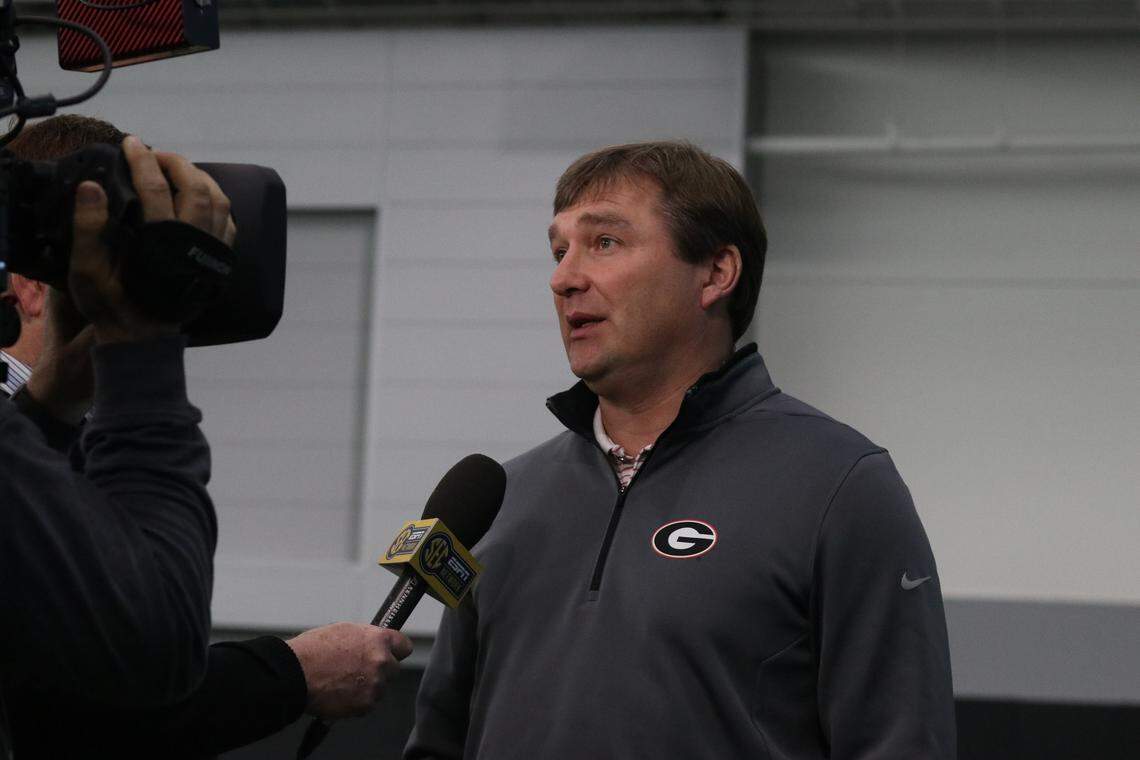Georgia head coach Kirby Smart during Pro Day at the UGA Indoor Athletic Facility in Athens, Ga. on Wednesday, March 15, 2017. (Photo by Cory A. Cole)