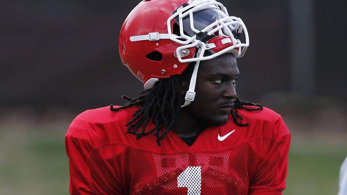 Josh D. Weiss/Special to The Telegraph.Georgia Bulldogs running back Isaiah Crowell takes a quick breather during spring practice in Athens on March 22, 2012.