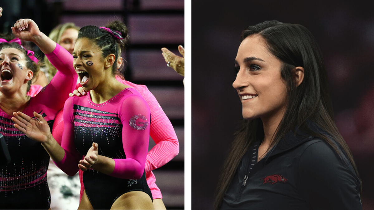 The Georgia GymDogs lost 196.950-196.675 to the Arkansas Razorbacks gymnastics team Feb. 7, 2020. The meet also served as a reunion for former elite gymnastics teammates Sabrina Vega (left) and Jordyn Weiber (right), one of youngest NCAA gymnastics coaches.