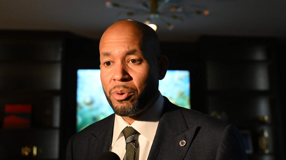 Democratic gubernatorial candidate Jason Esteves speaks with media during a campaign stop at Churchill’s on Cherry on Wednesday, Oct. 29, 2025, in Macon, Georgia. Esteves said he called on Georgia governor Brian Kemp to mobilize resources to help food pantries and resources for those at risk of losing their SNAP benefits because of the government shutdown. 