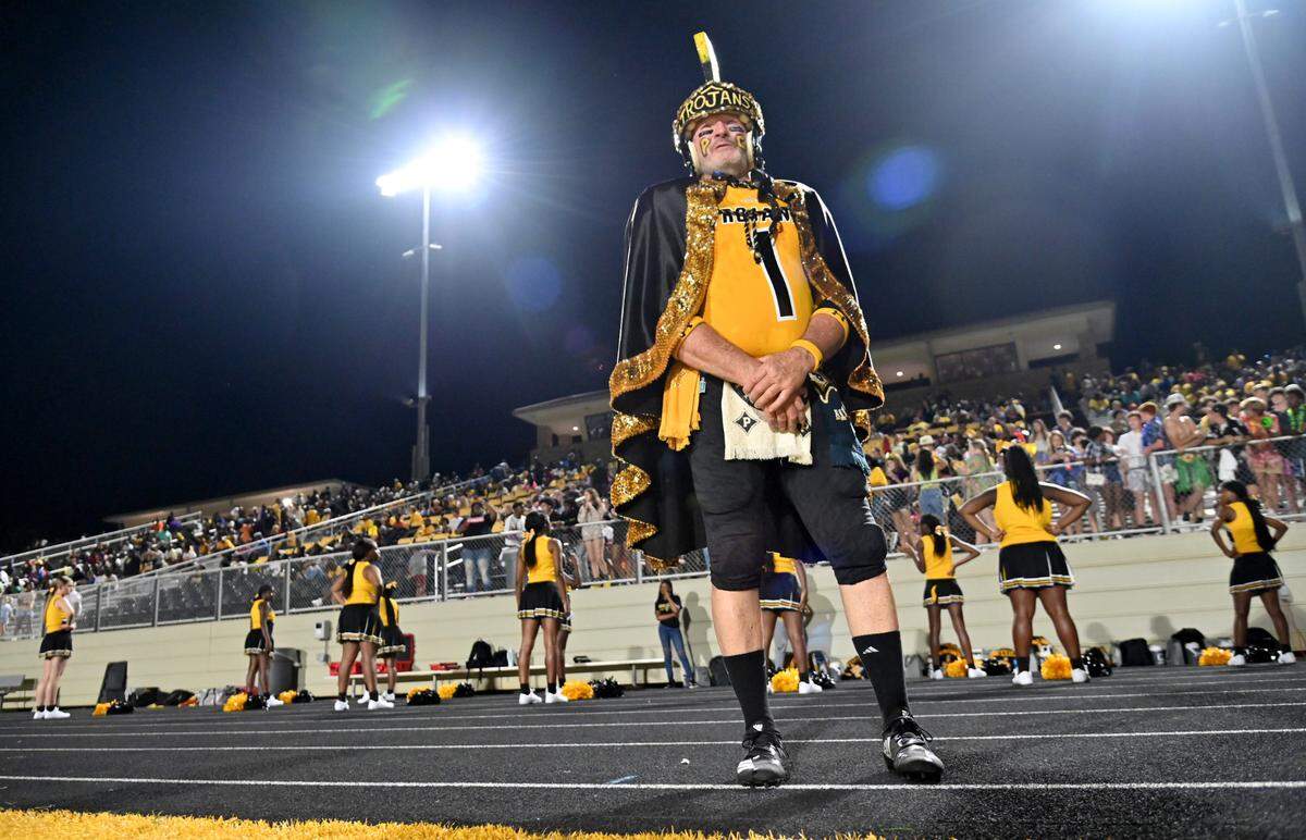 Daryl Hawkins, 67, is in his 31st full season as his alma mater Peach County’s mascot. Hawkins has been roaming the Trojans’ sidelines since the 1992 state championship game.