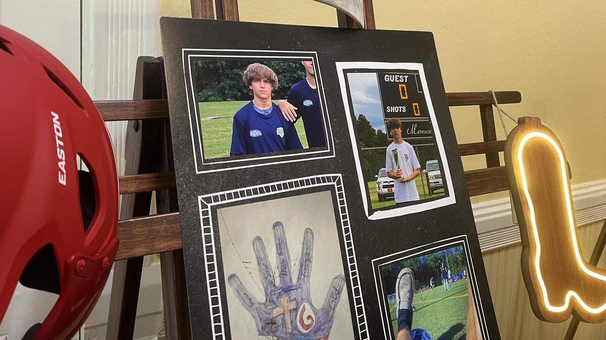 Photos and sports gear of Alexander Floyd Strebeck were displayed to honor the late 18-year-old on Saturday, Aug. 9, 2025, at a viewing service at Monroe County Memorial Chapel at 86 West Main Street in Forsyth, Ga. Strebeck died in a truck crash on Aug. 1, in Macon.